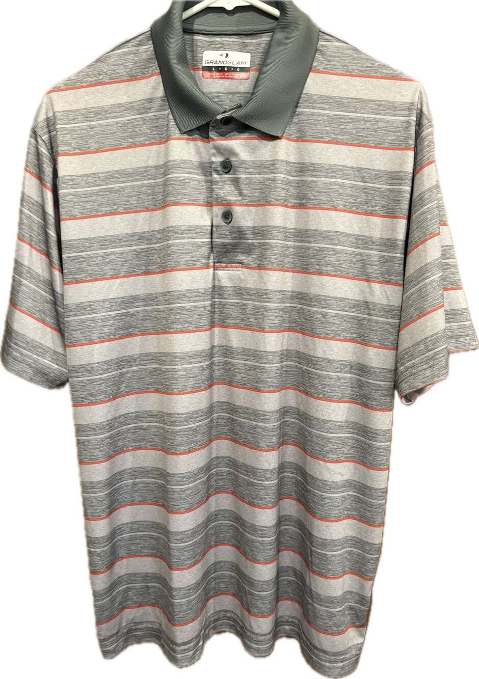 Grand Slam Men's Size Large Gray and Red Striped Short Sleeve Golf Polo Shirt